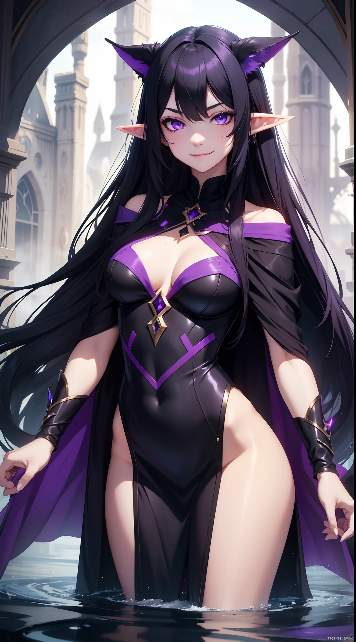 young girl, Long black hair, violet eyes, elf ears, smirk, Purple Sorcerer Form, Gold Elements, water magic, Masterpiece, hiquality, 4k, HD, Good detail