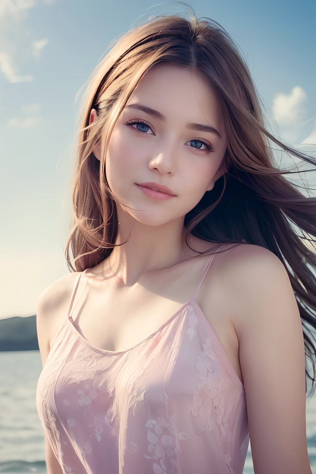 (8k, Best Quality, Masterpiece:1.2), (Realistic, Photorealistic:1.37), Ultra Detail, 1 Girl,Cute,Solo,Beautiful Detailed Sky,Date,(Blush),(Smile:1.15),(Closed Mouth)Small Breasts,Beautiful Detailed Eyes,(Long Hair: 1.2),Floating Hair NovaFrogStyle, Upper Body, Tank Top