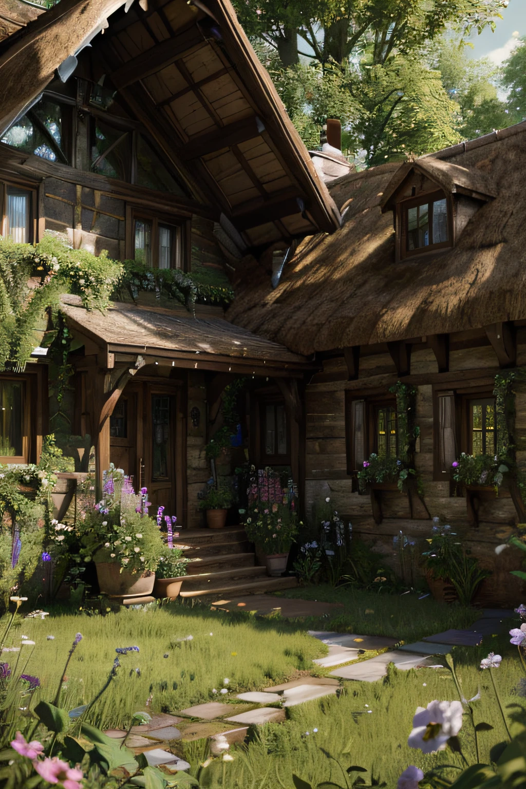 Rural cottage，fanciful，Amazing plant growth，extremy detailed，realistic raytraicing，Epic composition，（Complicated details），（Complex design，Hyper-detailing：1.2），art  stations， （tmasterpiece，best qualtiy），hyper HD，32K --v 6