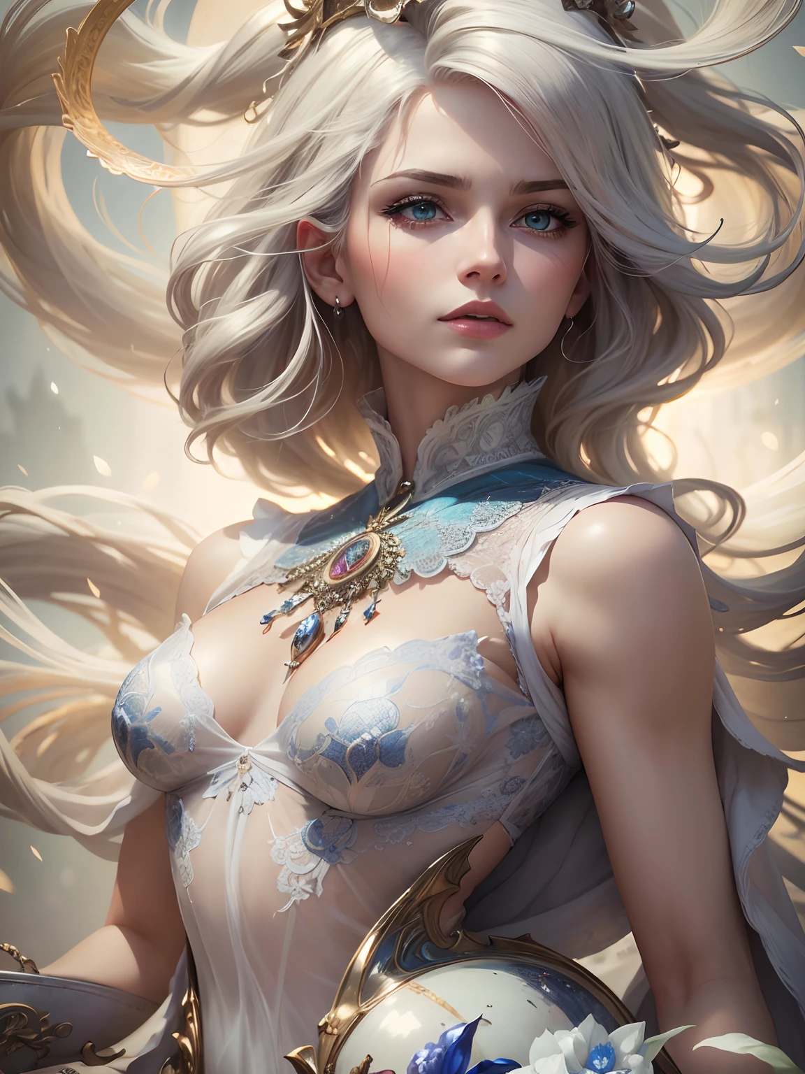 (best quality,4k,8k,highres,masterpiece:1.2), ultra-detailed, (realistic,photorealistic,photo-realistic:1.37), mature milf, illyasviel von einzbern, white hair, full body, vibrant colors, glowing skin, mesmerizing eyes, elegant pose, enchanting background, delicate lace dress, surreal lighting, ethereal atmosphere, mystical aura, intricate details, artistic medium, digital illustration, fantasy, anime