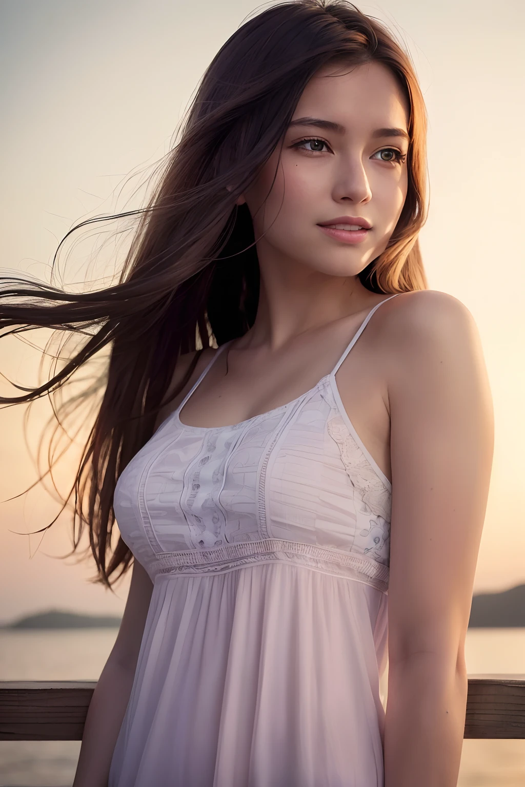 (8k, Best Quality, Masterpiece:1.2), (Realistic, Photorealistic:1.37), Ultra Detail, 1 Girl,Cute,Solo,Beautiful Detailed Sky,Date,(Blush),(Smile:1.15),(Closed Mouth)Small Breasts,Beautiful Detailed Eyes,(Long Hair: 1.2),Floating Hair NovaFrogStyle, Upper Body, Tank Top
