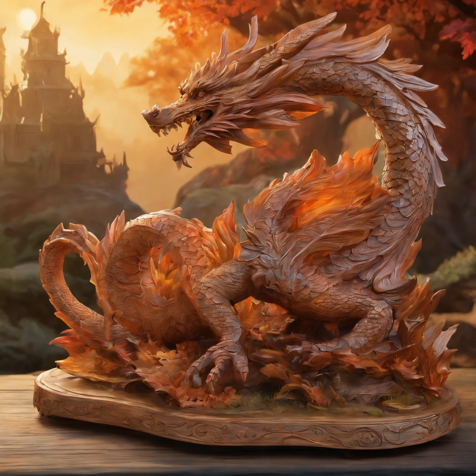 A wooden figure made of wood with intricate details, placed on a chessboard. The chessboard is crafted with precision and attention to detail, adding to the overall aesthetic of the scene. The wooden figure is a dragon, beautifully designed and carved to bring out the natural texture and beauty of the wood. The dragon is painted with varnish colors, giving it a glossy and vibrant appearance. The colors used are carefully chosen to enhance the dragon's features and create a mesmerizing visual effect. The artistic style of the scene is reminiscent of wood sculptures, with a touch of fantasy. The colors used in the artwork are inspired by the warm tones of varnished wood, creating a harmonious and inviting ambiance. The lighting in the scene highlights the intricate details of the wooden figure and enhances the overall composition. The scene is captured with the best quality, ensuring every detail is crisp and well-defined. The image is ultra-detailed and realistic, bringing the wooden dragon to life with stunning clarity. The artwork is a masterpiece, showcasing the skill and creativity of the artist who created it.