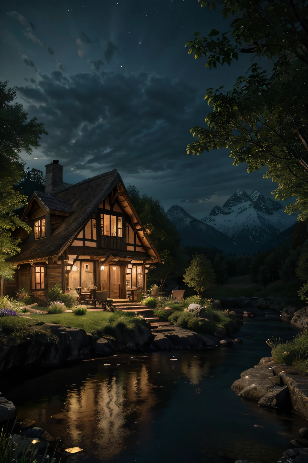 Best quality,16K Ultra Clear,the night,scenecy,Between mountains and rivers,Rural cottage,fanciful,Amazing plant growth,extremy detailed,realistic raytraicing,Epic composition,(Complicated details),(Complex design,Hyper-detailing:1.2),art stations, (tmasterpiece,best qualtiy),hyper HD,32K --v 6