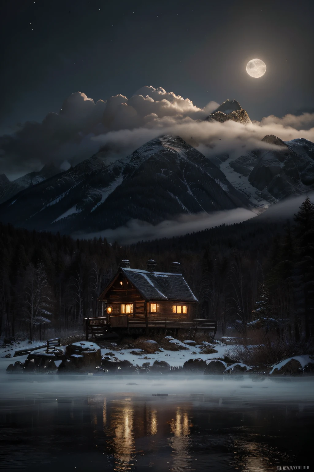 Best quality，16K Ultra Clear，the night，scenecy，Between mountains and rivers，surrounded by cloud、There is a small cabin in the distance，（Very detailed CG unity 8K wallpaper），Professional majestic oil painting，iintricate，high detal，sharp fokus，dramatics，Realistic painting art，thin fog，misterious，extremy detailed，ultra - detailed，painting of a，lightand shade contrast，Perfectcomposition，