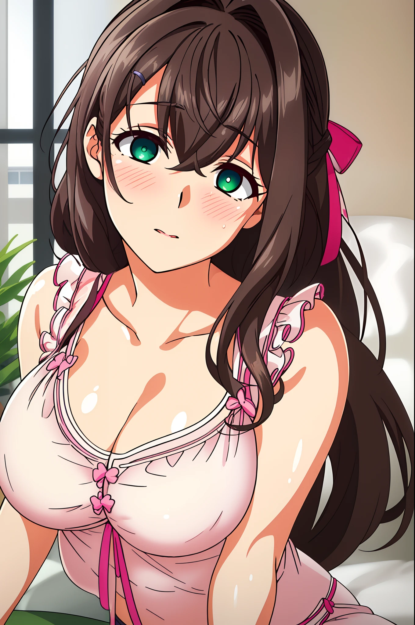 indoors, Bedroom,
Sitting on the couch,
bare shoulders, pink ribbon,pink underwear,cleavage,collarbone,pink bra,frills,see-through,
bangs, Brown Hair, Green Eyes, Braid,long hair, low ponytail, a bow tie,hair ornament, hairclip,
1 girl, 20yo,Young female,Beautiful Finger,Beautiful long legs,Beautiful body,Beautiful Nose,Beautiful character design, perfect eyes, perfect face,expressive eyes,
looking at viewer, in the center of the image,(Upper_body),(Focus on her face),
official art,extremely detailed CG unity 8k wallpaper, perfect lighting,Colorful, Bright_Front_face_Lighting,shiny skin,
(masterpiece:1.0),(best_quality:1.0), ultra high res,4K,ultra-detailed,
photography, 8K, HDR, highres, absurdres:1.2, Kodak portra 400, film grain, blurry background, bokeh:1.2, lens flare, (vibrant_color:1.2)
(Beautiful,Breasts), (beautiful_face:1.5),(narrow_waist),