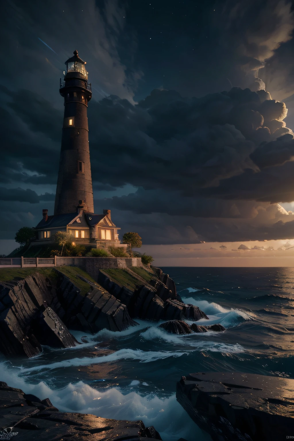 Best quality,16K Ultra Clear,the night,shores,lighthouse,fanciful,surrounded by cloud,extremy detailed,realistic raytraicing,Epic composition,(Complicated details),(Complex design,Hyper-detailing:1.2),art stations, (tmasterpiece,best qualtiy),hyper HD,32K --v 6