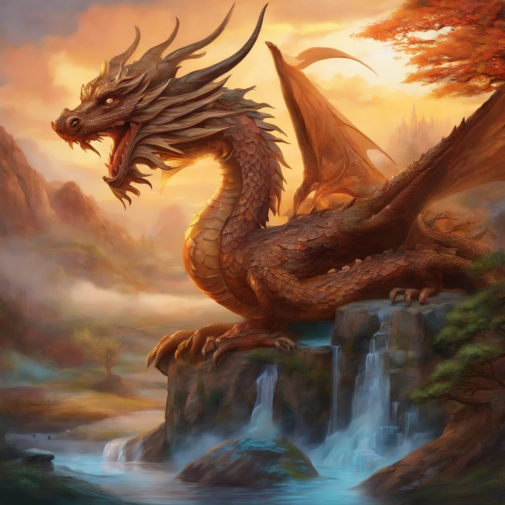 gold dragon, old, (intense details, dnd art, masterpiece), intense blue eyes, small horns, near a fantasy castle and forest, backlight, clouds, in the background, serious, realism, high detail, depth of field, cinematic lighting, reflection light, drop shadow, atmospheric perspective, Op art, UHD, masterpiece, high quality, high detail