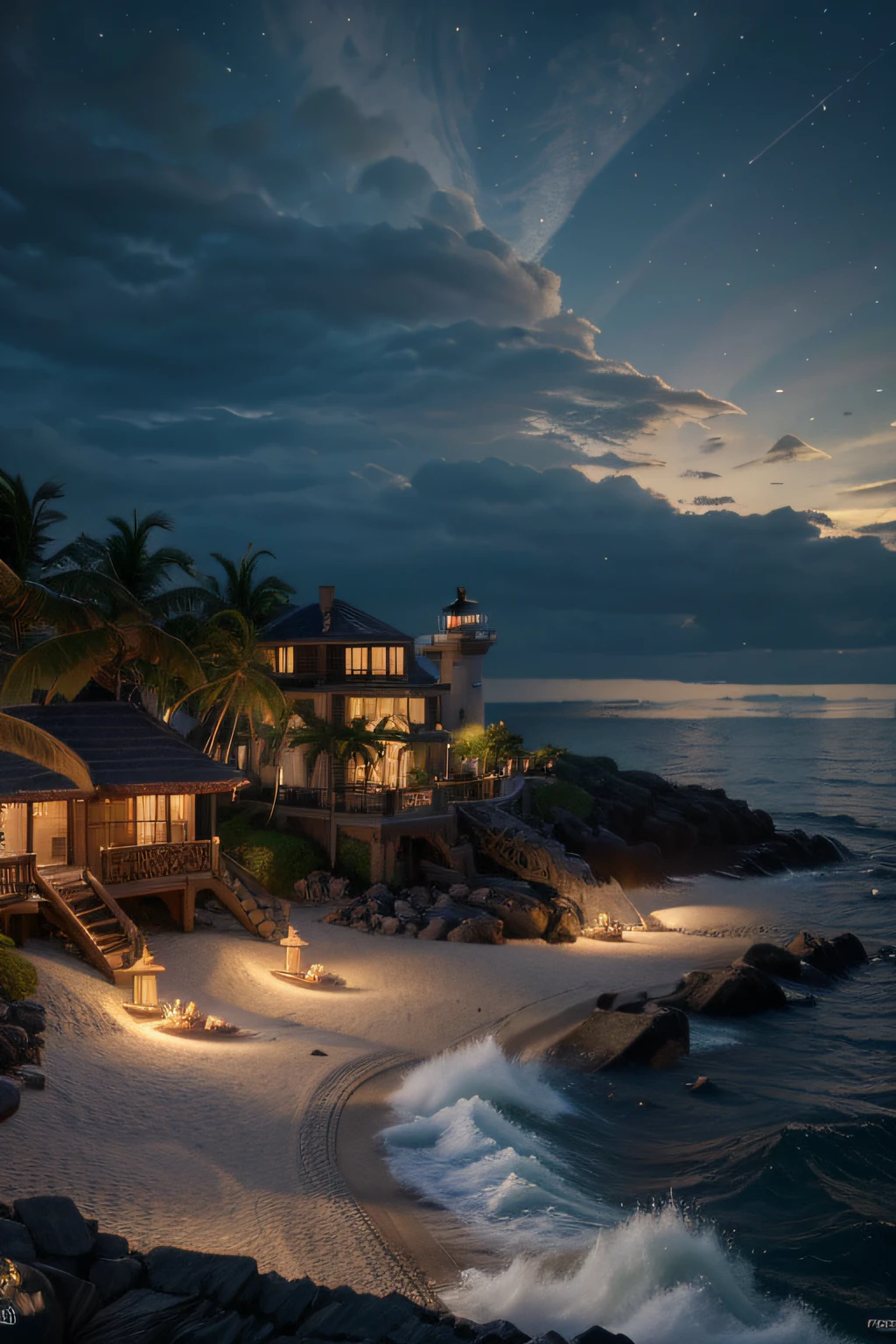 Best quality，16K Ultra Clear，the night，shores，lighthouse，Coconut grove，sandbeach，extremy detailed，realistic raytraicing，Epic composition，（Complicated details），（Complex design，Hyper-detailing：1.2），art  stations， （tmasterpiece，best qualtiy），hyper HD，32K --v 6