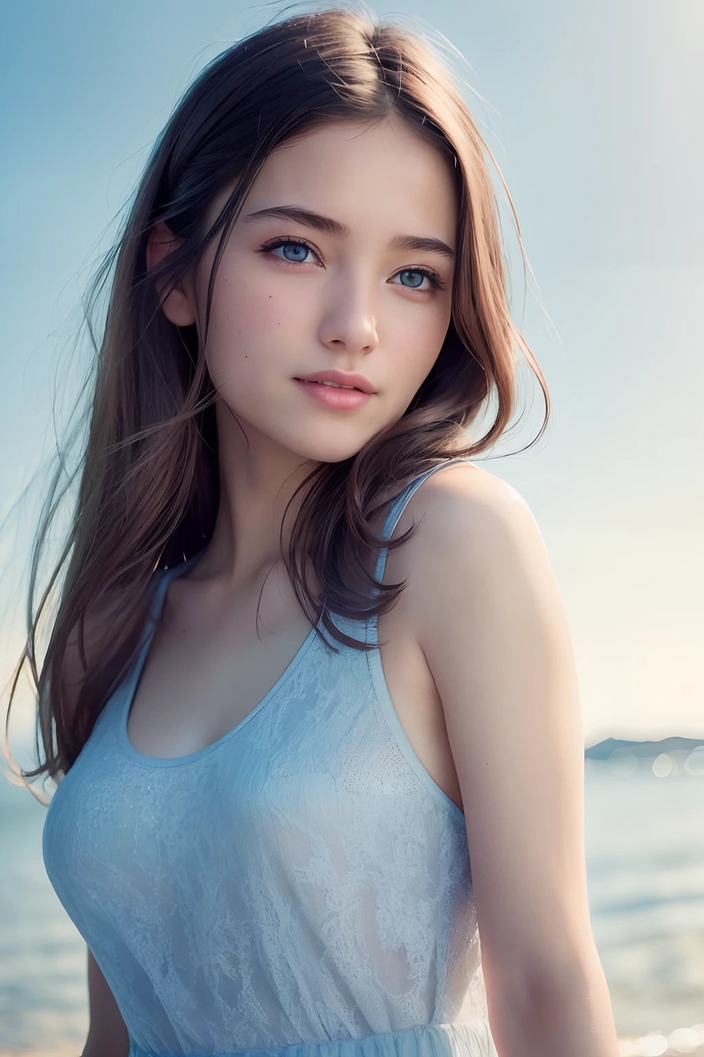 (8k, Best Quality, Masterpiece:1.2), (Realistic, Photorealistic:1.37), Ultra Detail, 1 Girl,Cute,Solo,Beautiful Detailed Sky,Date,(Blush),(Smile:1.15),(Closed Mouth)Small Breasts,Beautiful Detailed Eyes,(Long Hair: 1.2),Floating Hair NovaFrogStyle, Upper Body, Tank Top