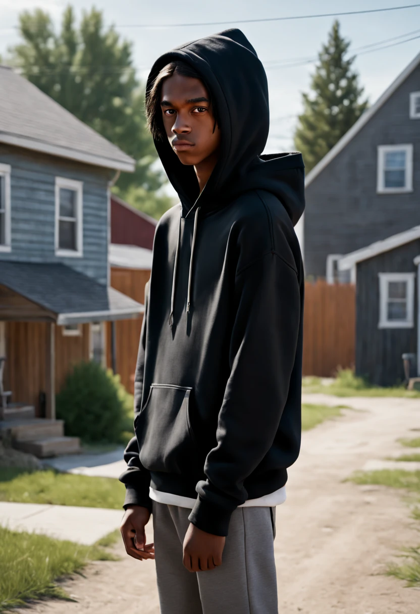 a very slim teenage boy, dressed in a hoodie, against the backdrop of a small house in a small township in the north of the usa, thin face, dark skin, long straight black hair, long hair, realistic, photorealistic, cinematic, soft colors