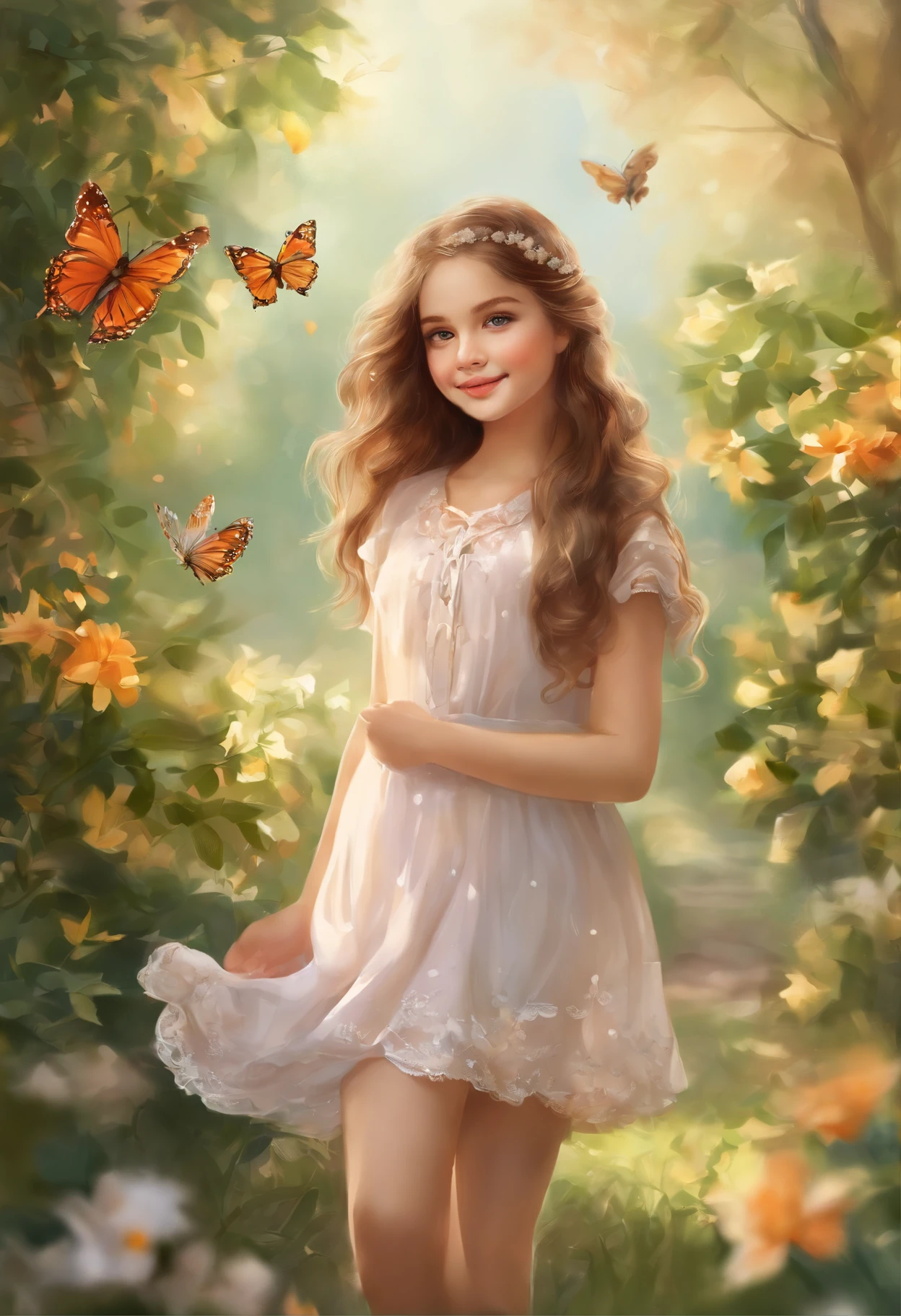 beautiful schoolgirl,wearing a underwear sports,holding a bouquet of flowers,standing in a blooming garden,with butterflies flying around her,soft sunlight shining on her face,long wavy hair flowing in the wind,smiling brightly and looking towards the distance,sparkling eyes reflecting happiness and innocence,rosy cheeks adding a touch of youthfulness,meticulous details on her face and clothing, vivid colors enhancing the visual impact,shadows from the tree branches creating a dappled effect on the ground,creating a dreamy and enchanting atmosphere,medium:watercolor painting,ultra-fine brushstrokes capturing delicate features,highres:1.2,realistic lighting and textures,brilliant colors with a warm color tone.