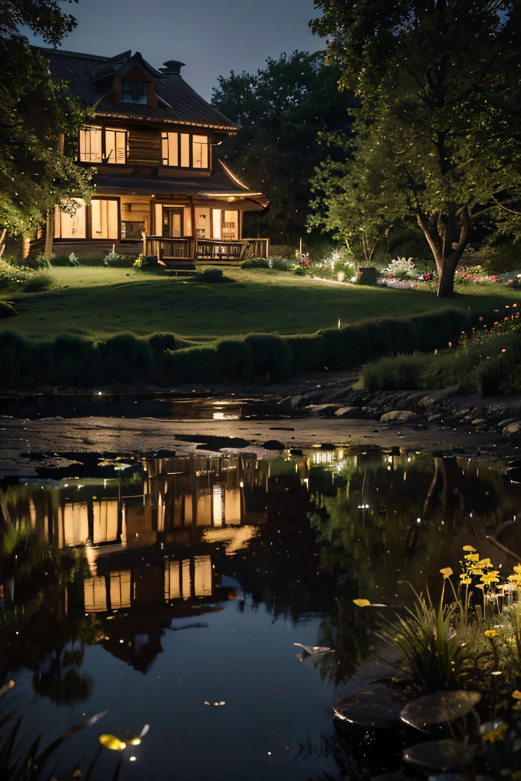 Countryside at night,Winding cobblestone roads(1.4),The roadside is overgrown with flowers(1.2)。There is a log cabin in the distance,The lights inside the house shine through the windows in the pond behind the house。Fireflies land on flowers。(Complex design,Hyper-detailing:1.2),art stations, (tmasterpiece,best qualtiy),hyper HD,32K --v 6