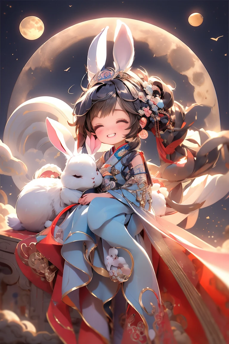 masterpiece,best quality, 1girlï¼chibi, smile, hanfuï¼rabbit, full moon, cloud