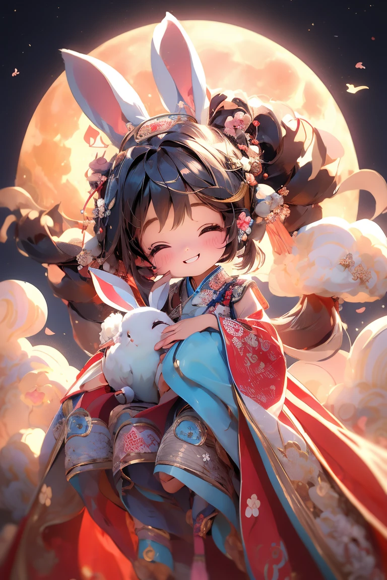 masterpiece,best quality, 1girlï¼chibi, smile, hanfuï¼rabbit, full moon, cloud