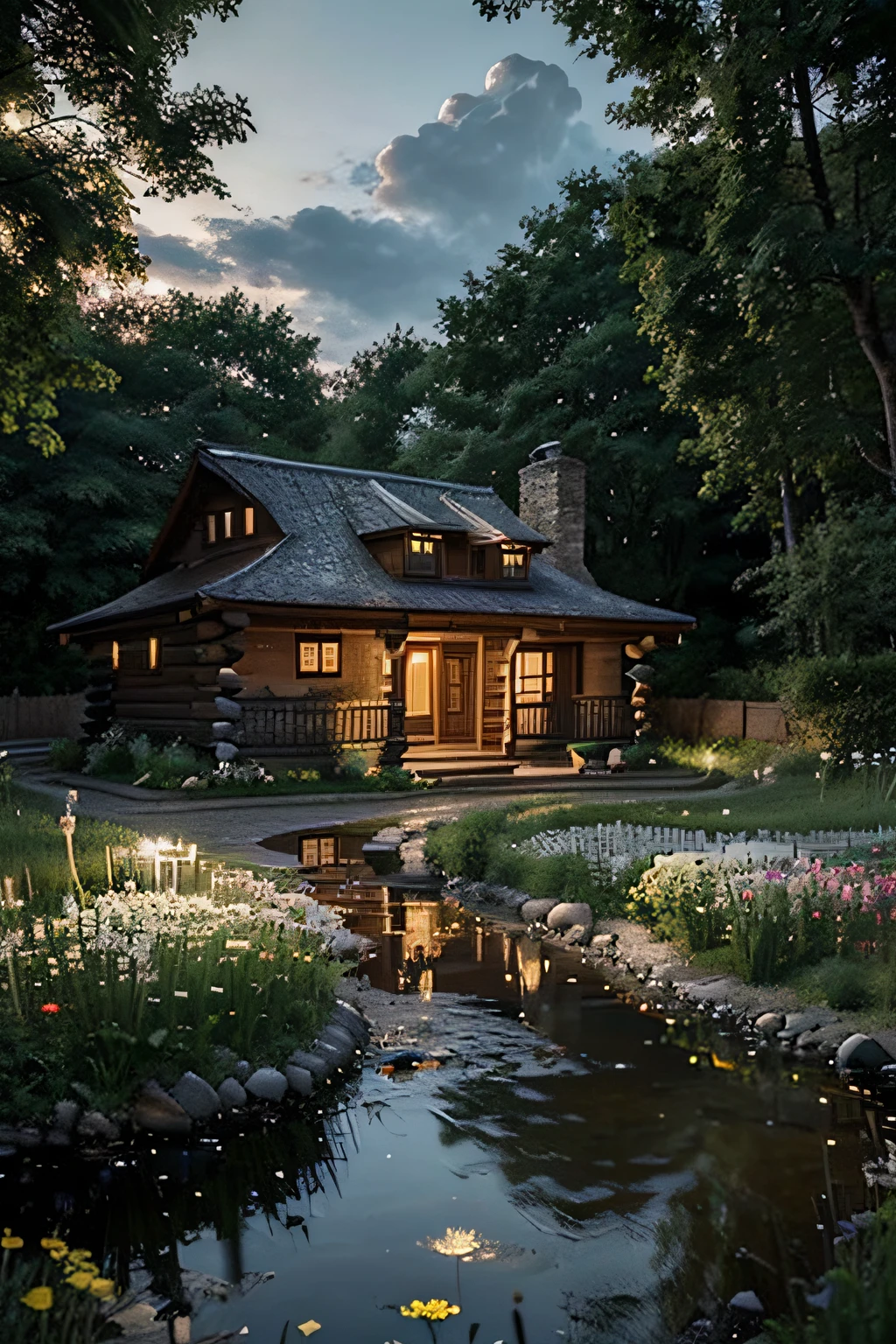 Countryside at night,Winding cobblestone roads(1.4),The roadside is overgrown with flowers(1.2)。There is a log cabin in the distance,The lights inside the house shine through the windows in the pond behind the house。Fireflies land on flowers。(Complex design,Hyper-detailing:1.2),art stations, (tmasterpiece,best qualtiy),hyper HD,32K --v 6