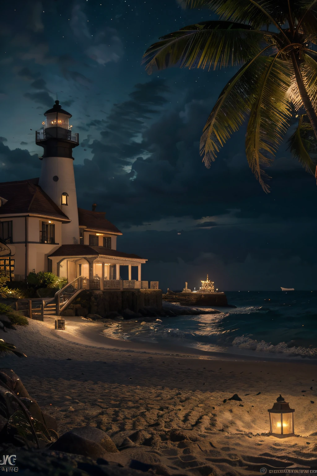 Best quality,16K Ultra Clear,the night,shores,lighthouse,Coconut grove,sandbeach,extremy detailed,realistic raytraicing,Epic composition,(Complicated details),(Complex design,Hyper-detailing:1.2),art stations, (tmasterpiece,best qualtiy),hyper HD,32K --v 6