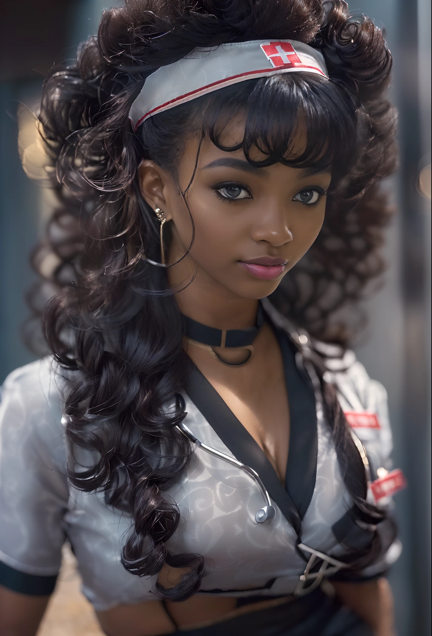 Painel comic spiderverso, anime styling, a young black African woman with long black wavy hair, shiny and open curls,eyes browns, False eyelashes, light red gloss. She wears a June party dress,vivid and vibrant colors. Festa Junina background with a big bonfire behind,night ambience 