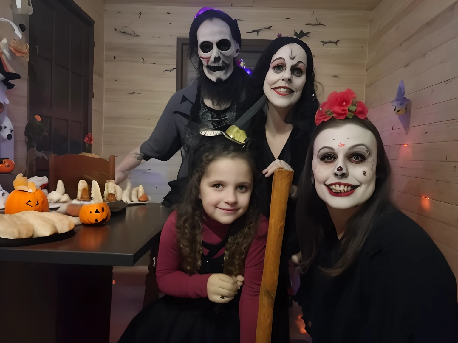 There are three people posing for a picture with a stick, O Dia dos Mortos!, halloween celebration, dia das bruxas, Celebrando o Dia dos Mortos, O Dia dos Mortos, goth family, Dia de Finados:!!, Noite de Halloween, Atmosfera de Halloween, Dia de Finados:, imagem de perfil, by Amelia Peláez, Em um estilo de Halloween