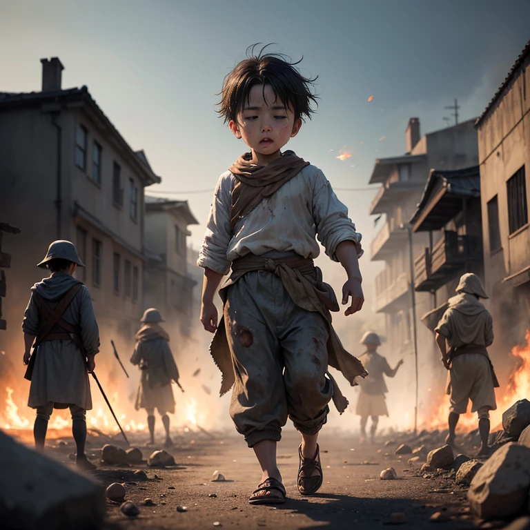 A in rags,Throw stones hard,weeping,Run,wounded,streaming tears,Tears,bandagens,Many soldiers in the background,Background ruins,eye closeds,smoke of gunpowder,火焰