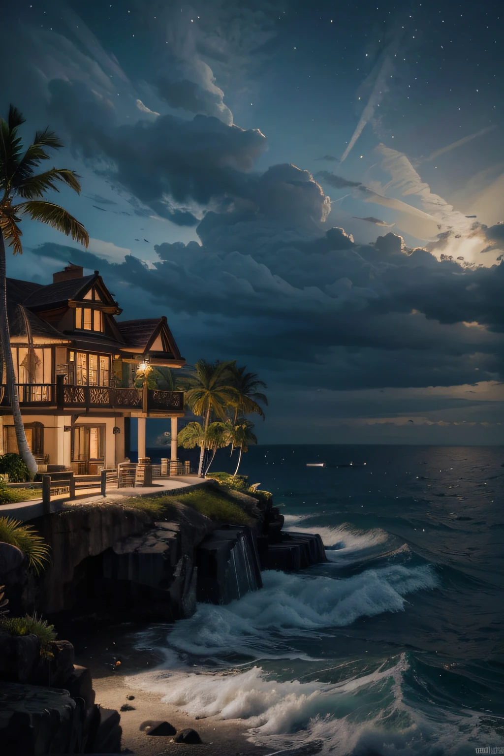 Best quality,16K Ultra Clear,the night,shores,lighthouse,Coconut grove,sandbeach,extremy detailed,realistic raytraicing,Epic composition,(Complicated details),(Complex design,Hyper-detailing:1.2),art stations, (tmasterpiece,best qualtiy),hyper HD,32K --v 6