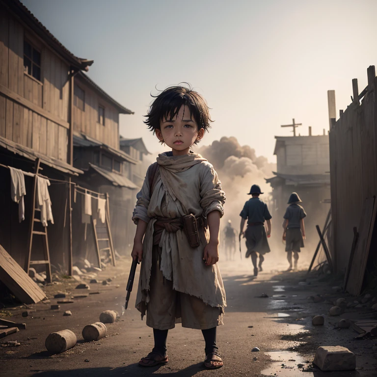 A little boy in rags,Throw stones hard,weeping,Run,wounded,streaming tears,Tears,bandagens,Many soldiers in the background,Background ruins,eye closeds,smoke of gunpowder,火焰
