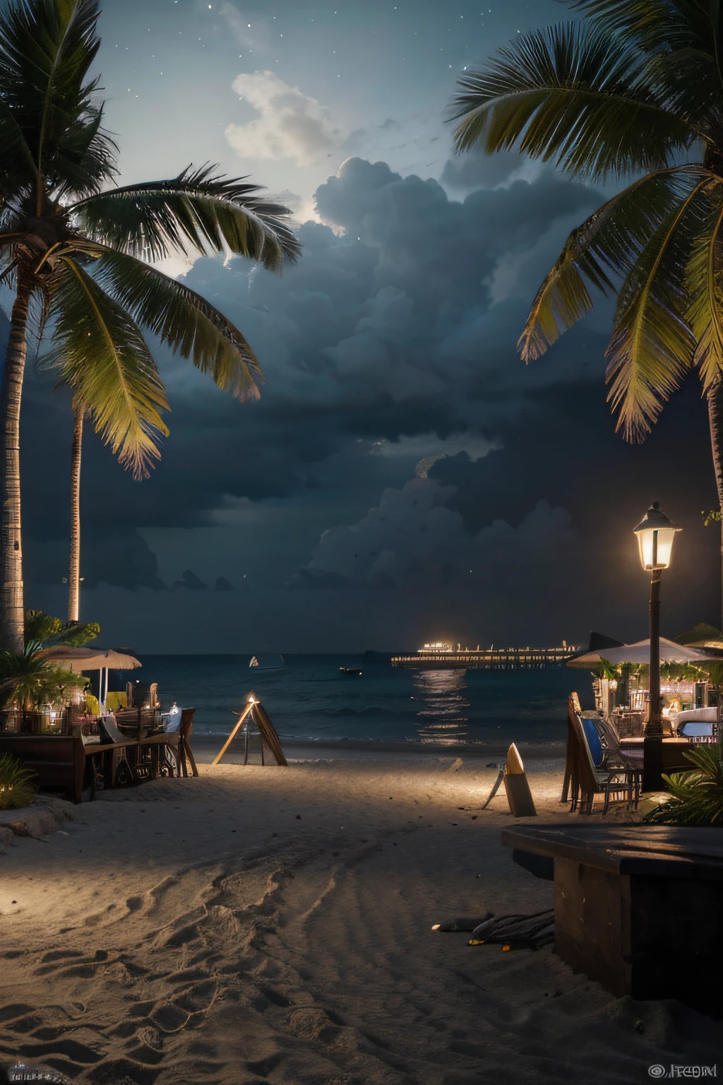 Best quality,16K Ultra Clear,the night,shores,Coconut grove,sandbeach,extremy detailed,realistic raytraicing,Epic composition,(Complicated details),(Complex design,Hyper-detailing:1.2),art stations, (tmasterpiece,best qualtiy),hyper HD,32K --v 6