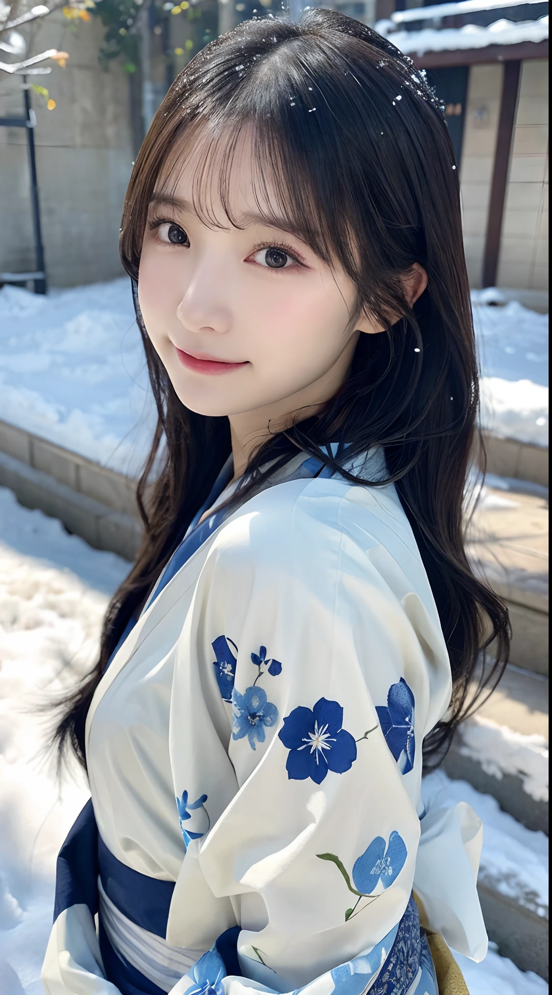(Kimono)、、(top-quality,masterpiece:1.3,超A high resolution,),(ultra-detailliert,Caustics),(Photorealsitic:1.4,RAW shooting,)Ultra-realistic capture,A highly detailed,high-definition16Kfor human skin、 Skin texture is natural、、The skin looks healthy with an even tone、 Use natural light and color,One Woman,japanes,,kawaii,A dark-haired,Middle hair,(depth of fields、chromatic abberation、、Wide range of lighting、Natural Shading、)、、(Falling snow:1.2)、(Hair swaying in the wind:1.2)、(Snow reflects light:1.2)、Back lighting、slightly open mouth、Surprised look、Happy expression、Facing the front
