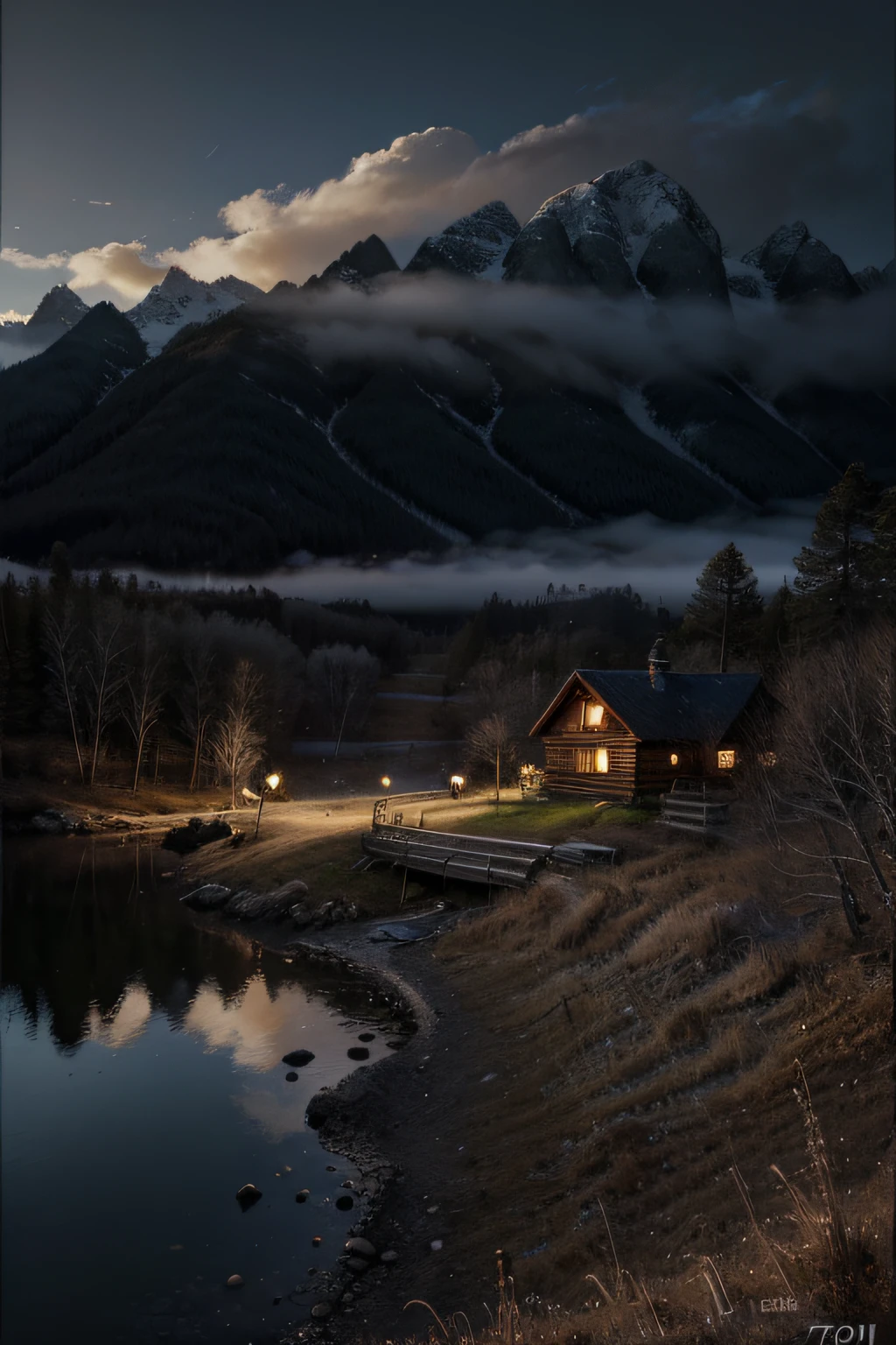 Best quality,16K Ultra Clear,the night,scenecy,Between mountains and rivers,surrounded by cloud、There is a small cabin in the distance,(Very detailed CG unity 8K wallpaper),Professional majestic oil painting,iintricate,high detal,sharp fokus,dramatics,Realistic painting art,thin fog,misterious,extremy detailed,ultra - detailed,painting of a,lightand shade contrast,Perfectcomposition,