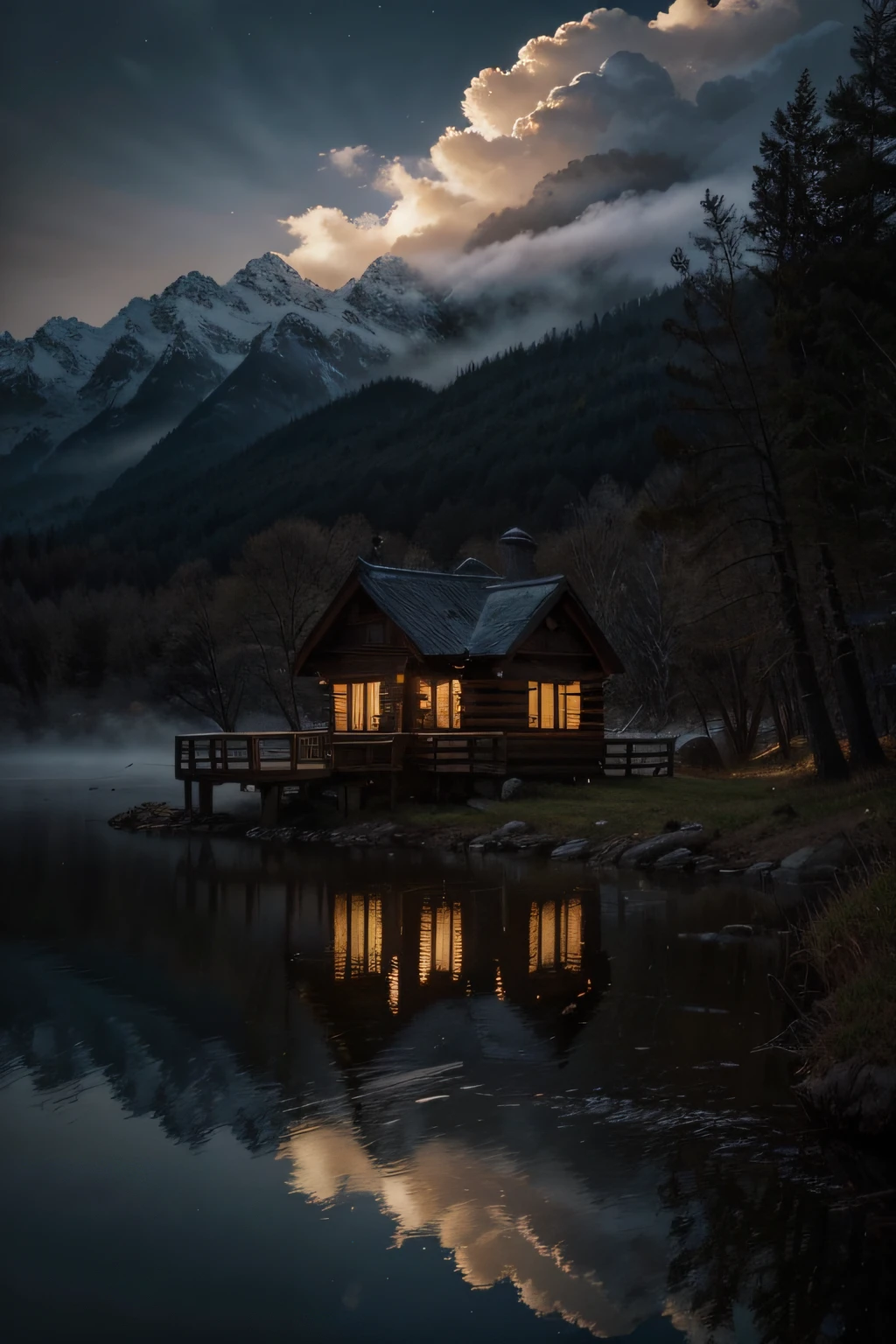 Best quality，16K Ultra Clear，the night，scenecy，Between mountains and rivers，surrounded by cloud、There is a small cabin in the distance，（Very detailed CG unity 8K wallpaper），Professional majestic oil painting，iintricate，high detal，sharp fokus，dramatics，Realistic painting art，thin fog，misterious，extremy detailed，ultra - detailed，painting of a，lightand shade contrast，Perfectcomposition，