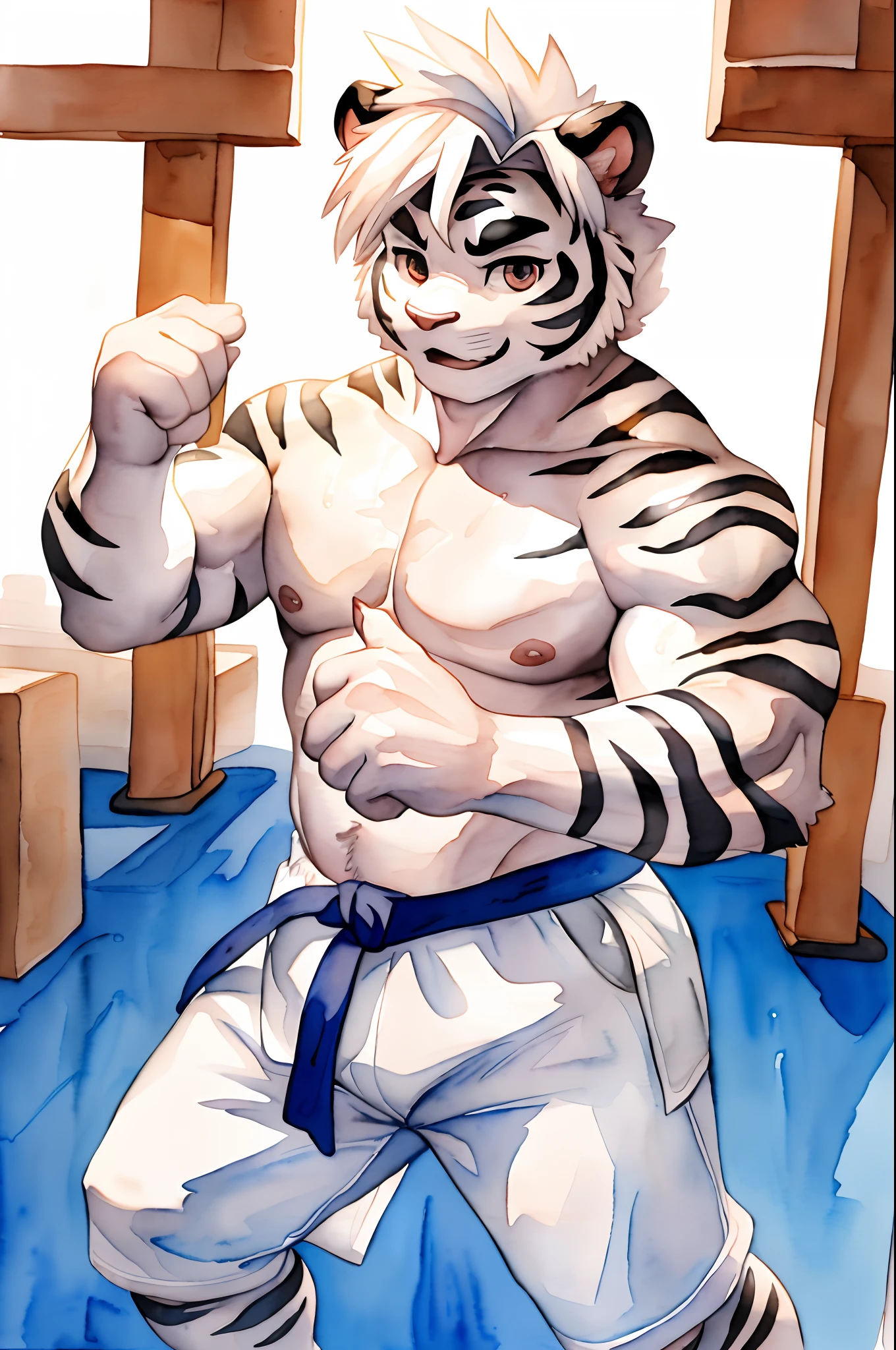 Hominidae, Pose for Camera. 4K, high resolution, Best quality, posted on e621, (Anthropomorphic white tiger:1.2), male people, 20yr old, Thick eyebrows, Light blue stripes, Ultra-short hair, shaggy, Strong body, large pecs, ((Shirtless)), He is practicing karate, Pink milk clusters, sweat leggs, White tight trousers, Small raised, In the gym, 独奏,  (sport, Muscular, Heavyweight:1.2), Correct anatomy, (White background, Watercolor background:1.1), (by Chunie, author：Taran Fidler:0.8), (Detailed eyes:1.2), Sexy, (cel-shaded:1.2), cartoon shading, (aquarelle:1.2), Serious expressions, Be red in the face, (view the viewer:1.2)