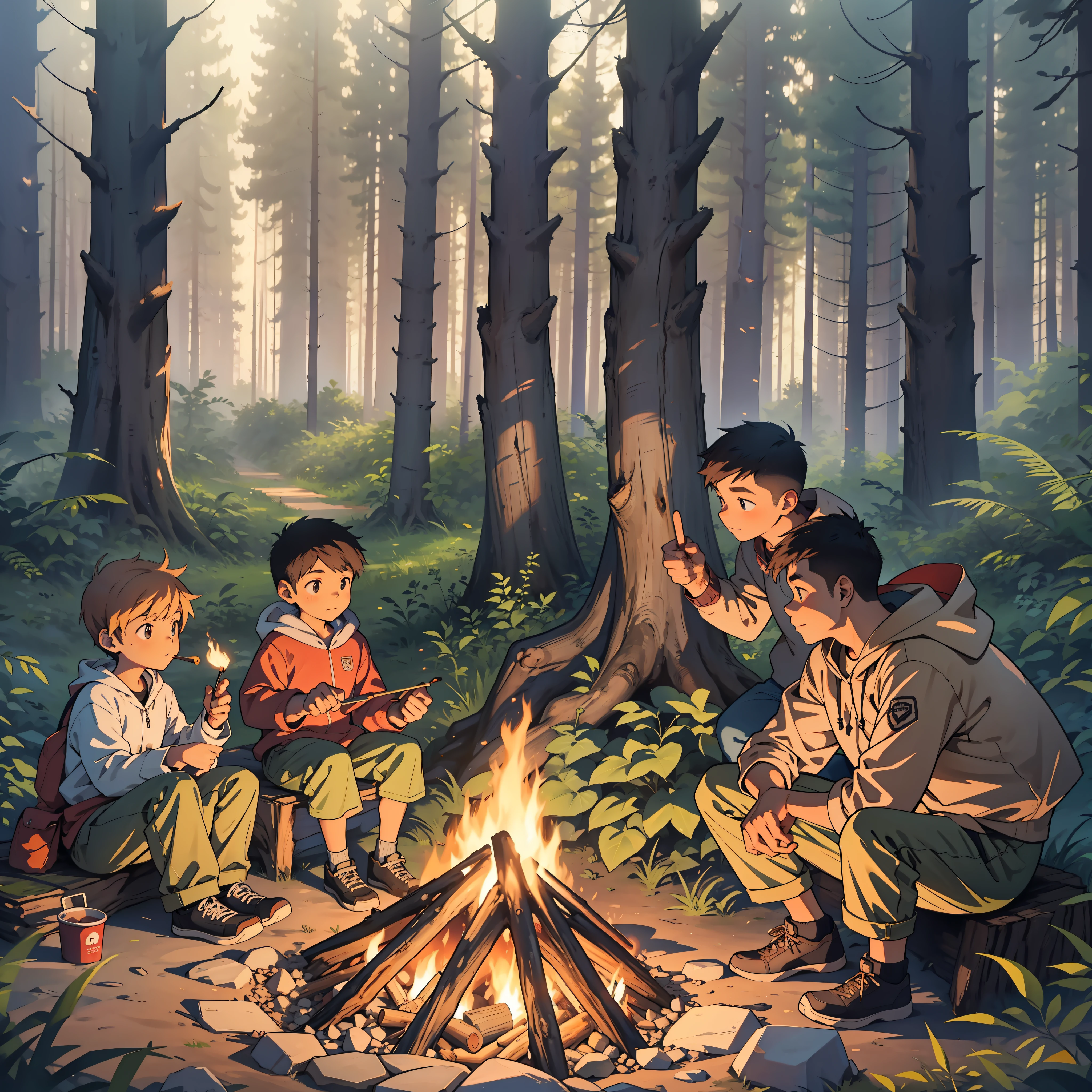 Camping site, kids playing, campfire, sitting on a log, stones, forest, woods, smoke, barbecue, Marshmallows are roasted over the fire