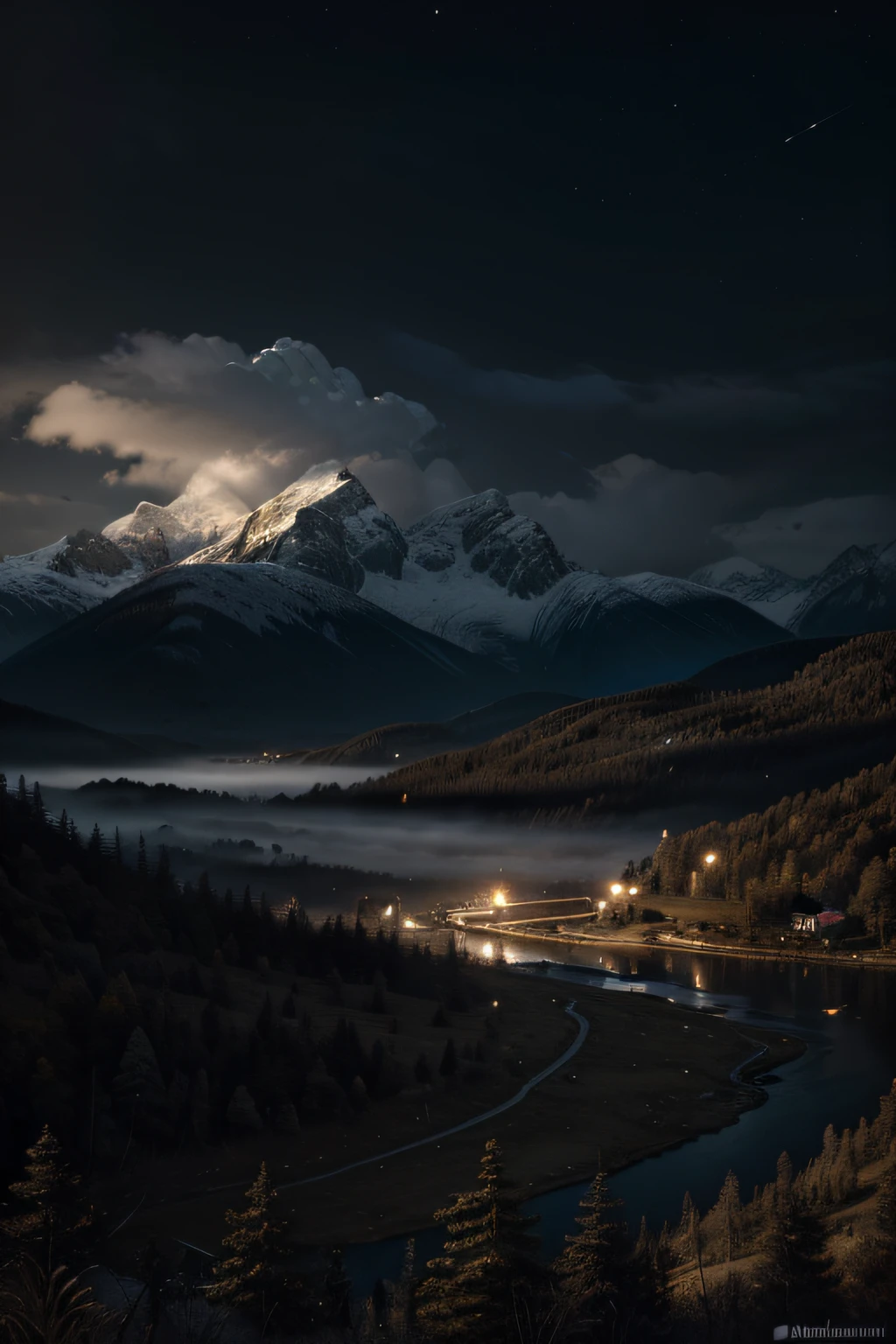 Best quality,16K Ultra Clear,the night,scenecy,Between mountains and rivers,surrounded by cloud、There is a small cabin in the distance,(Very detailed CG unity 8K wallpaper),Professional majestic oil painting,iintricate,high detal,sharp fokus,dramatics,Realistic painting art,thin fog,misterious,extremy detailed,ultra - detailed,painting of a,lightand shade contrast,Perfectcomposition,