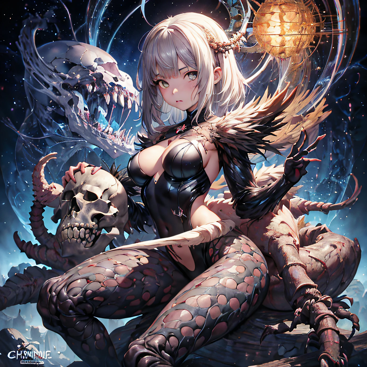 Anime 3D , Vista de corpo inteiro para pernas, RT por Cameron Gray Poster Épico, Girl-monster creature sits on a pile of bones and skulls watercolor painting, Estilo Jean-Baptiste Monge, brilhante, bonito na primavera, chapinhar, grandes olhos perfeitos, Rim lighting, luzes, Magic, fantasia, Arte Digital, WLOP, Artgerm e James Jean, misterioso