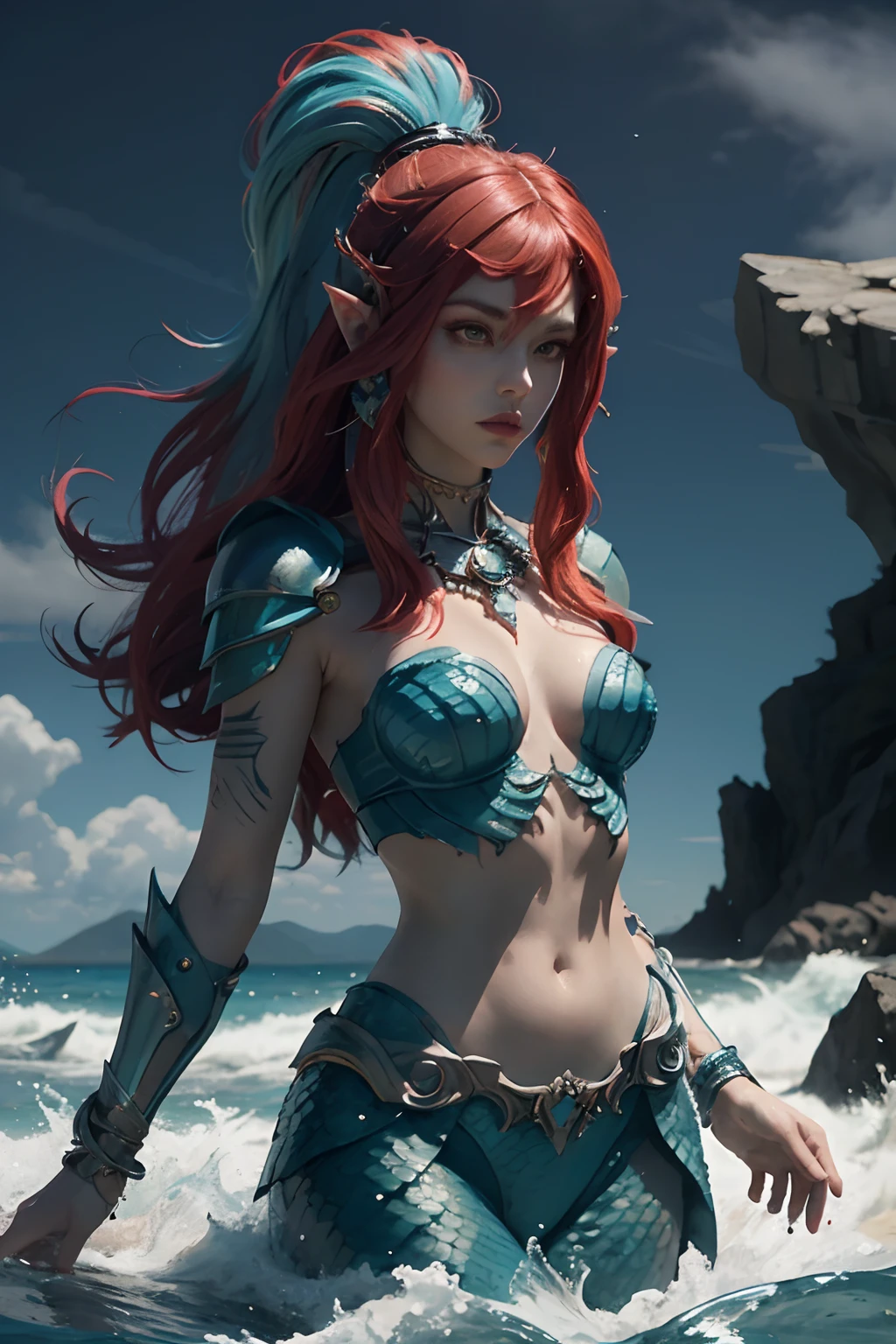 best quality,4k,ultra-detailed,realistic,breathtaking,masterpiece:1.2,portrait,midyne,mipha-inspired,undyne-inspired,fantasy,fusion,courageous,strong,fierce,mermaid,warrior,beautiful detailed eyes,beautiful detailed lips,eyelashes flowing in the wind,aquatic surroundings,natural scenery,calm lake,waves crashing on the shore,sparkling water,shimmering scales,glistening armor,flowing blue hair,fluid movements,graceful pose,confident expression,uplifting energy,vivid colors,sharp focus,dynamic lighting,ethereal glow,spiritual aura,water element,majestic presence,heroic stance,nurturing personality,legendary powers,adventurous spirit,secrets of the deep sea,divine beauty,embodiment of strength and elegance,unforgettable epic artwork, mipha \(zelda\), undyne the undying