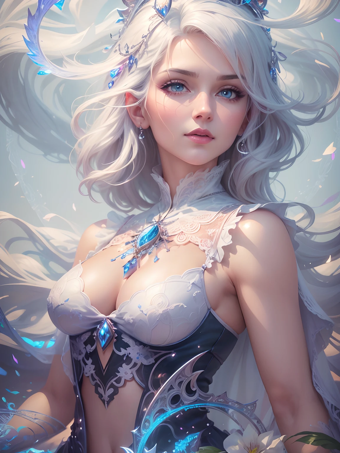 (best quality,4k,8k,highres,masterpiece:1.2), ultra-detailed, (realistic,photorealistic,photo-realistic:1.37), mature milf, illyasviel von einzbern, white hair, full body, vibrant colors, glowing skin, mesmerizing eyes, elegant pose, enchanting background, delicate lace dress, surreal lighting, ethereal atmosphere, mystical aura, intricate details, artistic medium, digital illustration, fantasy, anime