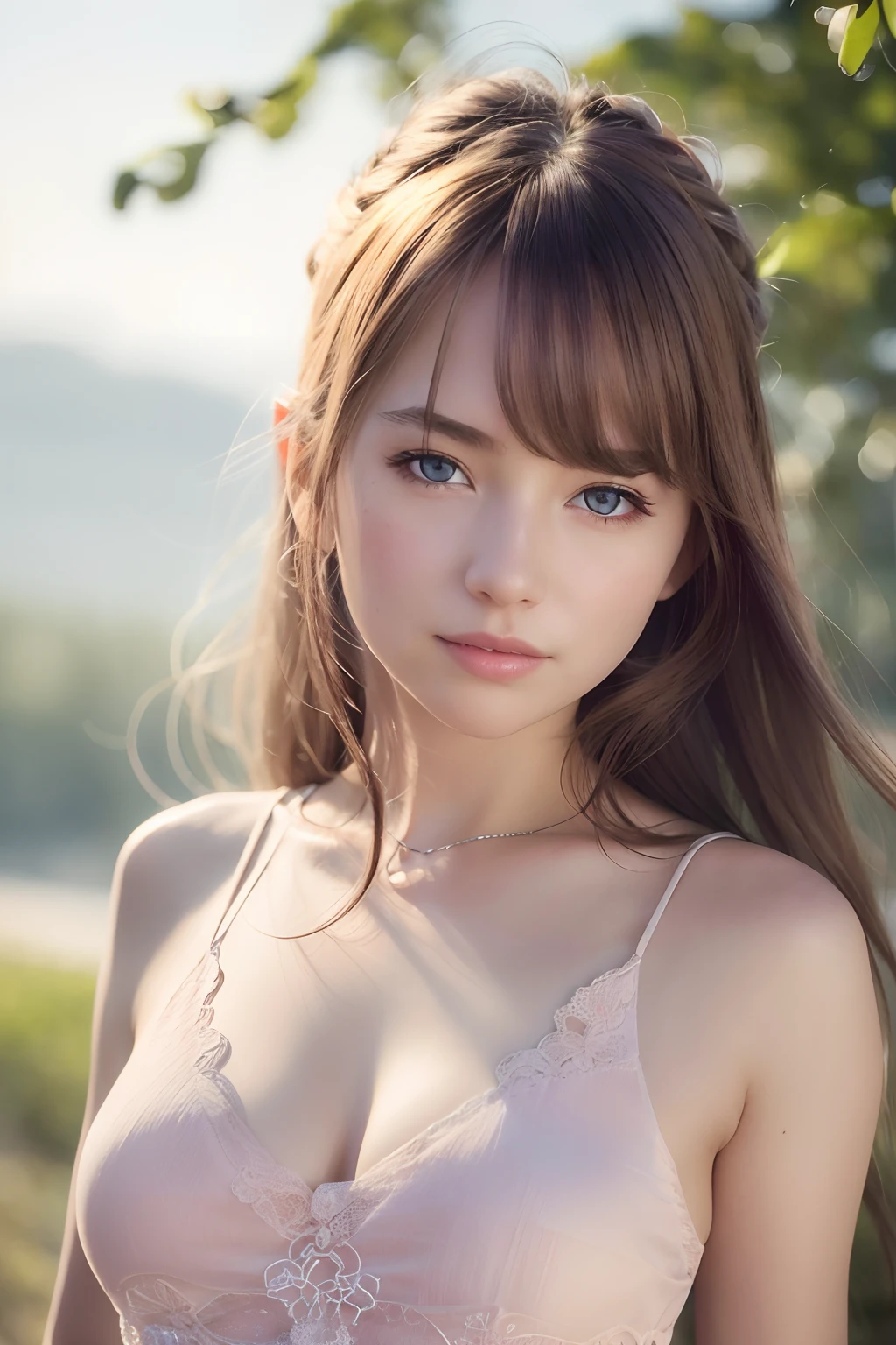 (8k, Best Quality, Masterpiece:1.2), (Realistic, Photorealistic:1.37), Ultra Detail, 1 Girl,Cute,Solo,Beautiful Detailed Sky,Date,(Blush),(Smile:1.15),(Closed Mouth)Small Breasts,Beautiful Detailed Eyes,(Long Hair: 1.2),Floating Hair NovaFrogStyle, Upper Body, Tank Top
