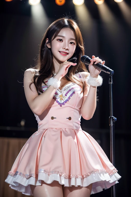 Realistic, Photorealistic, Masterpiece, Best Quality, One Girl, Solo, In the Stage, Stage Lighting, Stage Spotlight, Look At Audience, Smile, idol_singing_costume, (pureerosface_v1:0.8),Korean Idol,Nogizaka Idol,Actress,Gravure Idol