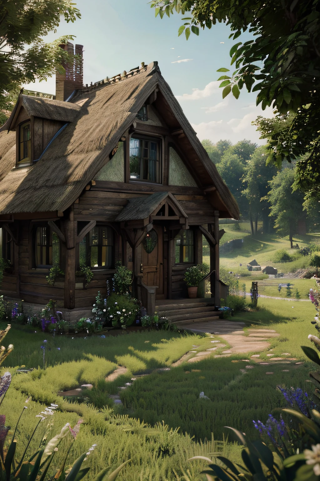 Rural cottage,fanciful,Amazing plant growth,extremy detailed,realistic raytraicing,Epic composition,(Complicated details),(Complex design,Hyper-detailing:1.2),art stations, (tmasterpiece,best qualtiy),hyper HD,32K --v 6