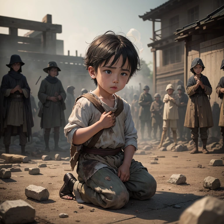 A in rags,Throw stones hard,weeping,Kneel,wounded,streaming tears,Tears,bandagens,Many soldiers in the background,Background ruins,eye closeds,smoke of gunpowder,火焰