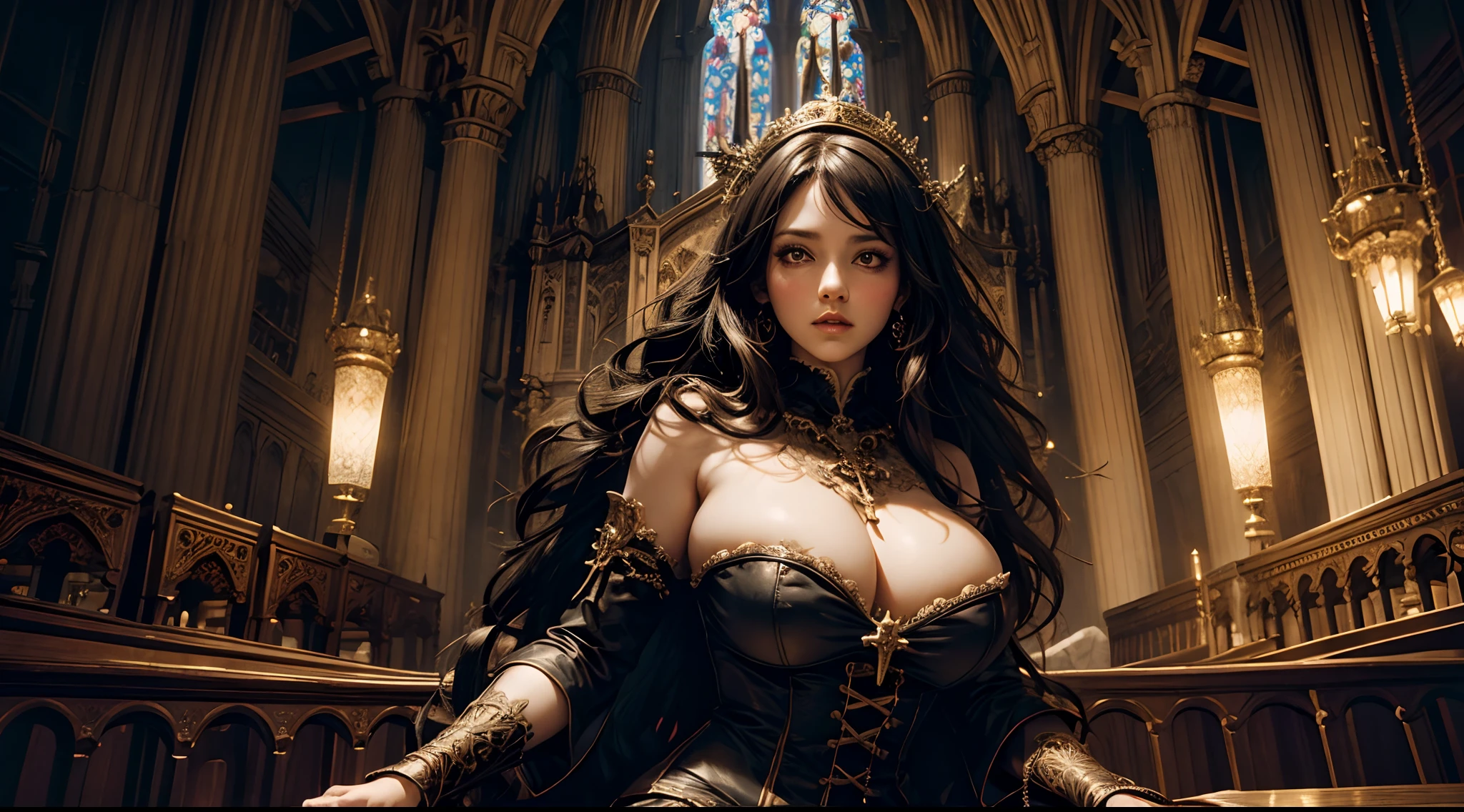 1个Giant Breast Girl,curate,Large breasts,Mid-range portrait,ornate decoration,A Gothic Church,complex patterns,crosses, hyper HD, 8K,dramatics,mystic symbols