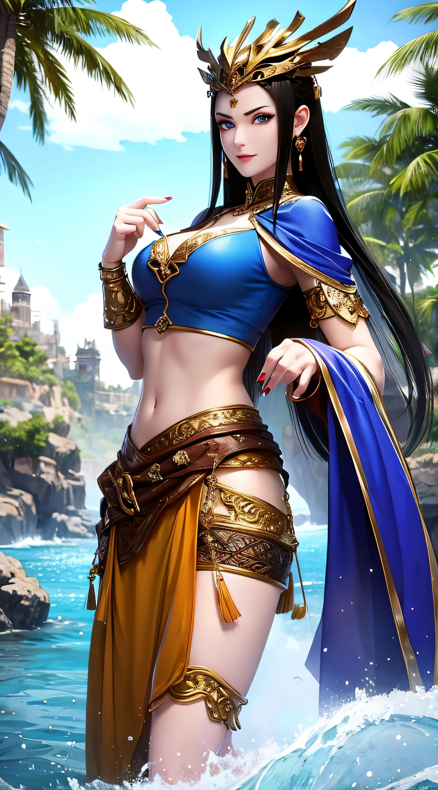 1girll, Outdoors, Black hair, Blue eyes, Breasts, eyewear on head, From the side Side, hair slicked back, hands on own hips, Large breasts, Long hair, Long skirt, Looking back, Narrow waist, sarong, Smile, Solo, standing, sunglasses, Floral motif on apron, ((Masterpiece)), detailed faces and eyes, Daylight, Shiny skin,
