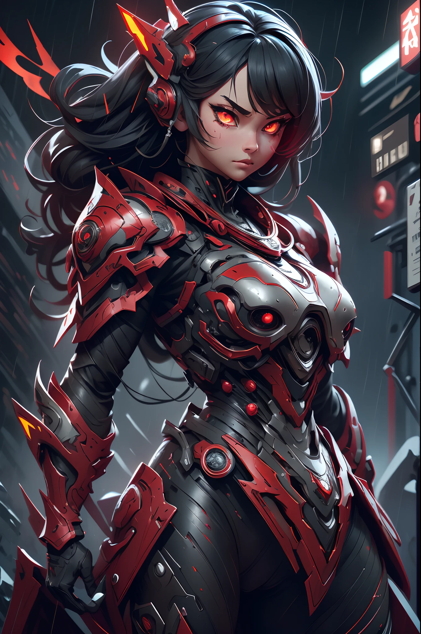 1 Japanese girl, battle armor, Intricate pattern, heavy metal, Energy lines, Faceless, Glowing eyes, elegant, Intense, blood red and black uniform, Solo, modern, City, Streets, Dark clouds, thunderstorm, heavy rain,, Dramatic lighting,, (Masterpiece:1.2), Best quality, high resolution, Beautiful detailed, Extremely detailed, Perfect lighting,