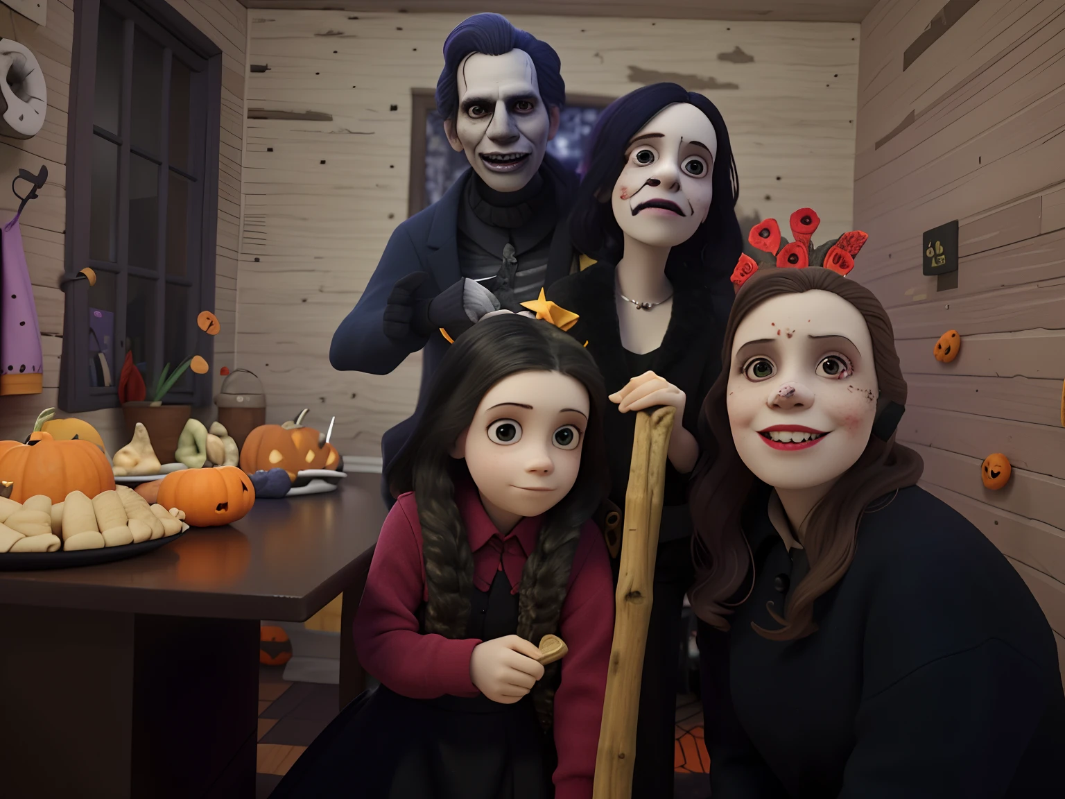 There are three people posing for a picture with a stick, O Dia dos Mortos!, halloween celebration, dia das bruxas, Celebrando o Dia dos Mortos, O Dia dos Mortos, goth family, Dia de Finados:!!, Noite de Halloween, Atmosfera de Halloween, Dia de Finados:, imagem de perfil, by Amelia Peláez, Em um estilo de Halloween