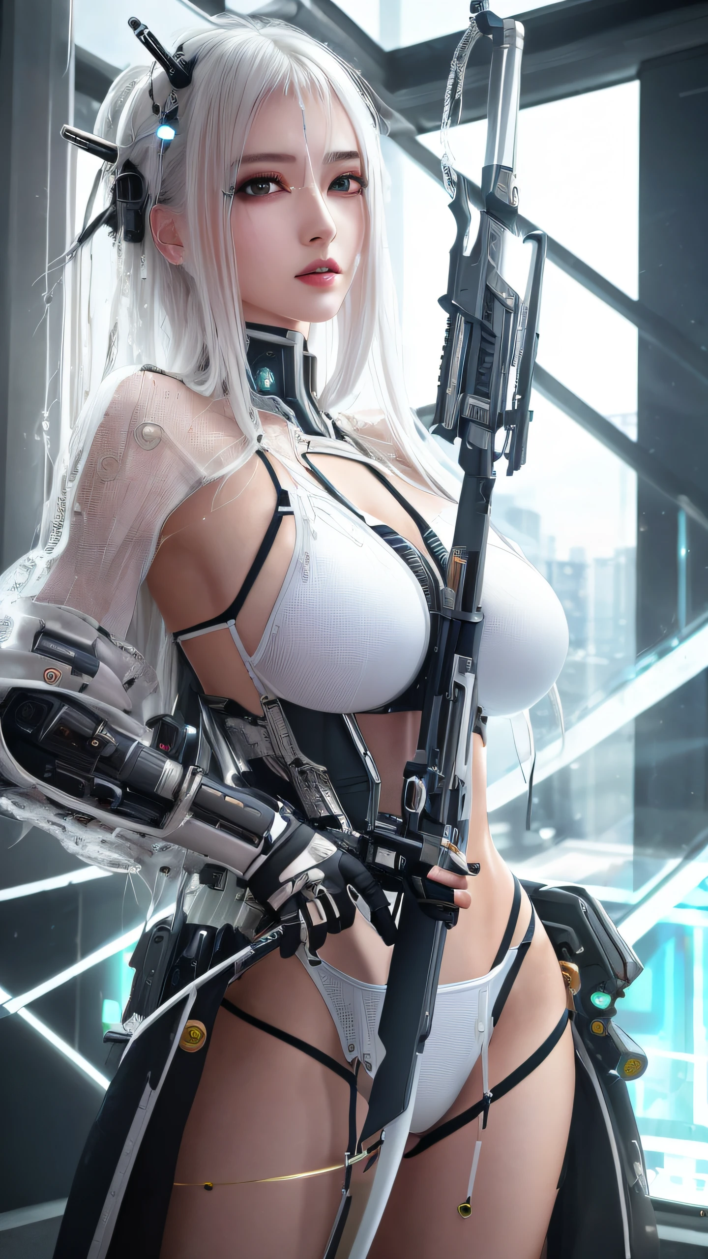 (8K, Masterpiece, Top quality), Super detailed, Details Beautiful round eyes, Beautiful detailed face, High quality, high resolution, Cyberpunk girls wearing sexy outfits,With a sword, Huge breasts, See-through dresses, Mecha, sleep, Ruins: White liquid drips