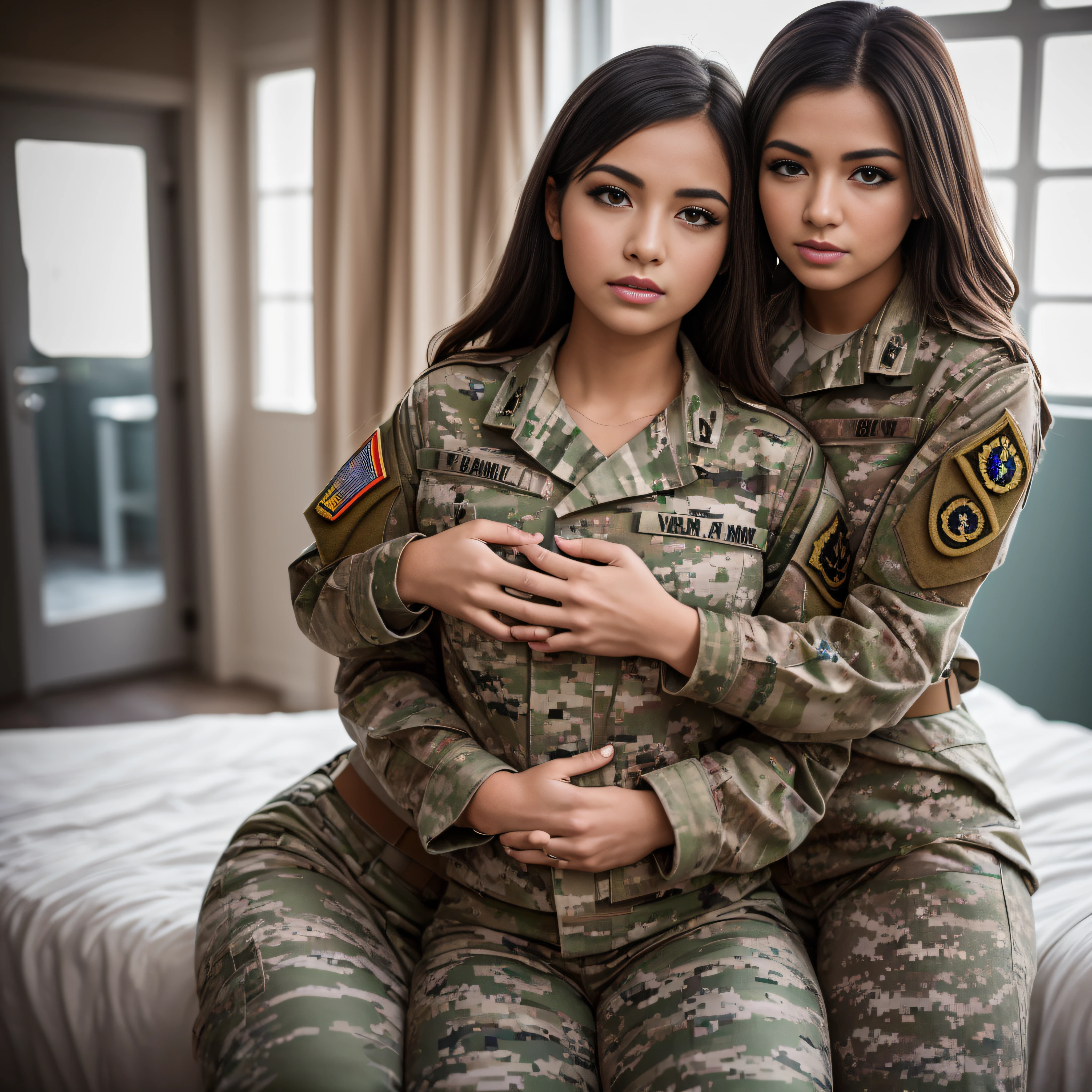 (Photorealistic), Beautiful lighting, Best Quality, Realistic, Full body portrait, real picture, Intricate details, depth of fields, 2 lesbian girls hugging and passionately kissing hand on chest and hand on ass hands between legs on crotch in, On a warm day, Very muscular soldier girls with a haircut, Fatigue of the army wearing army dress uniform, , highly detailed, Perfect face, Blue eyes, Lips, wide hips, Small waist, tall, make up, Tactic, FUJI XT3, in barracks, bright light, Beautiful lighting, Raw photo, 8K UHD, Film grain, ((Bokeh))