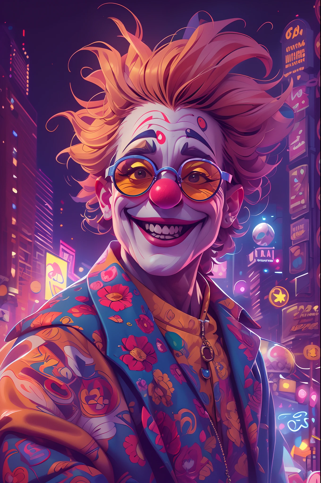 /Omib style clown, Illustrator, Masterpiece, High quality, 8K, A high resolution, High detail, smiley, Transparent sunglasses, Movie overlay, Vivid colors, Cool soft lighting, Chicago by night, wind blown, Greg Luttkoki style