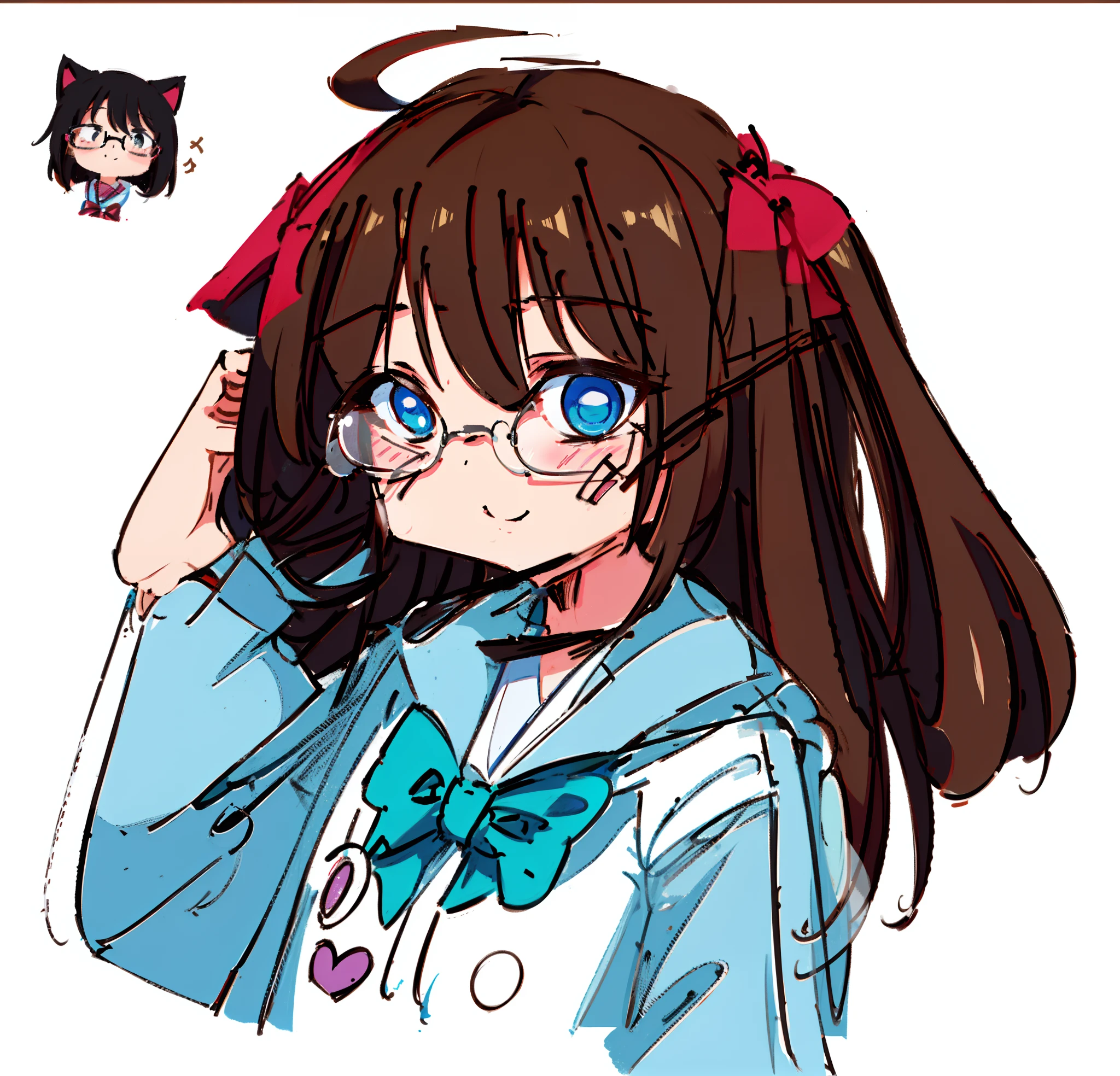 a drawing of a girl with glasses and a cat's face, brown hair, blue eyes, school uniform, anime sketch, anime moe artstyle, line sketch, with index finger, by Naka Bokunen, with glasses, sketchy artstyle, full color, clean anime outlines, in an anime style, ((portrait)), by Ai-Mitsu, heavy outlines, by Jin Homura