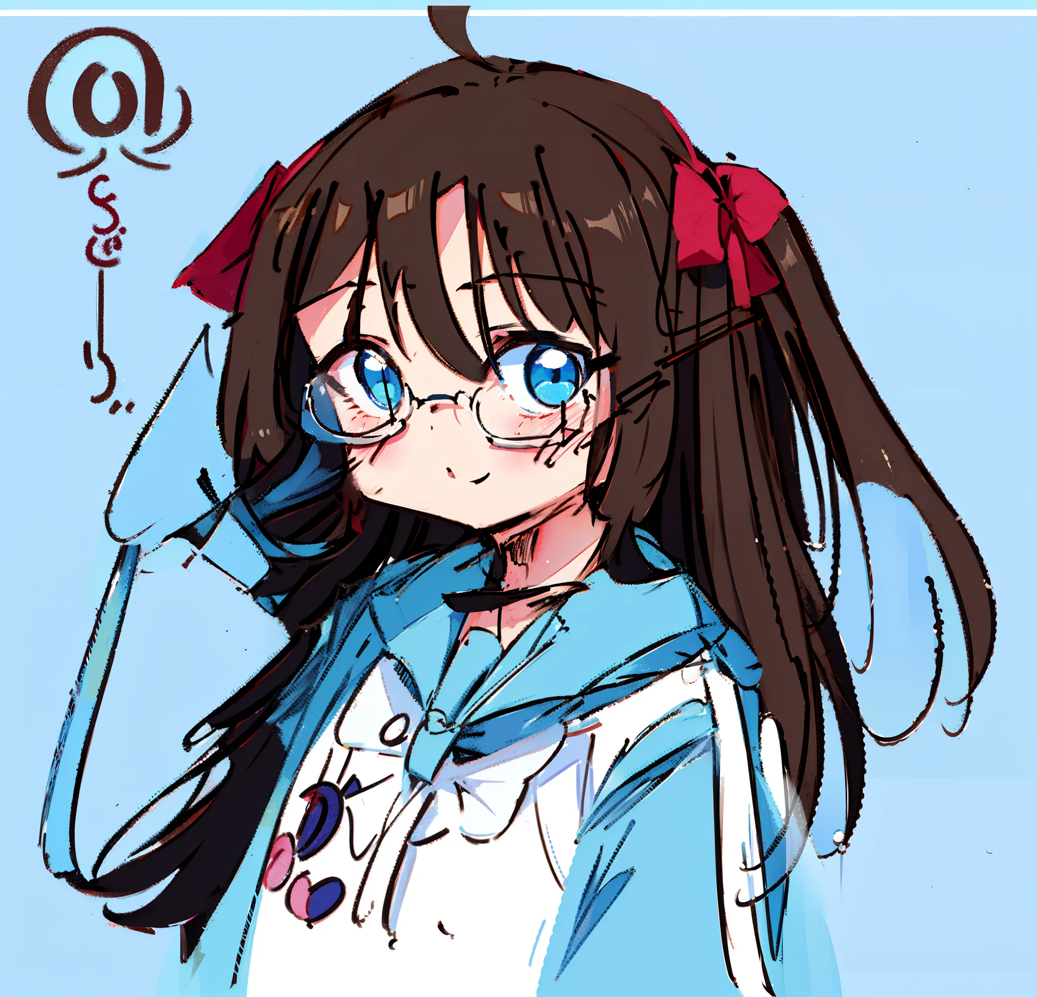 a drawing of a girl with glasses and a cat's face, brown hair, blue eyes, school uniform, anime sketch, anime moe artstyle, line sketch, with index finger, by Naka Bokunen, with glasses, sketchy artstyle, full color, clean anime outlines, in an anime style, ((portrait)), by Ai-Mitsu, heavy outlines, by Jin Homura