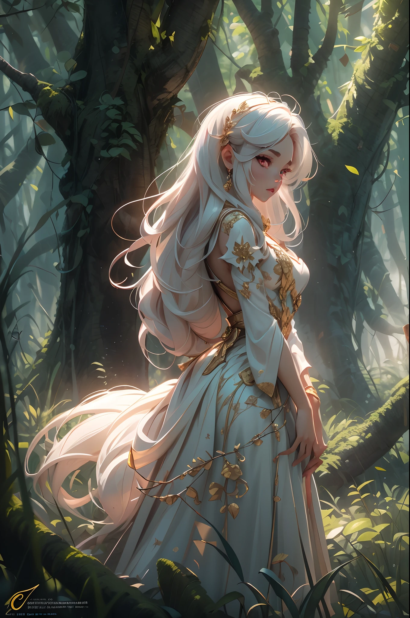 A stunning girl with long white hair, Fair skin, and red eyes, In the forest with cinematic lighting, Dark and low light. She wore a golden white dress, Her eyes focused, looking at viewert. Her skin is fair, Her face is delicate and flawless, A masterpiece, highest quality art. The image is a very detailed 8K CG wallpaper, Features artistic cinematic lighting and cinematic tones with neutral filters.
