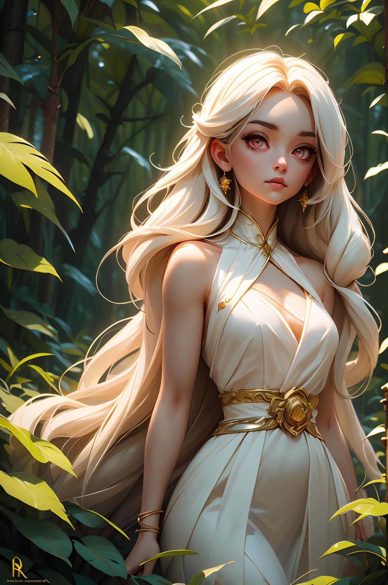 A stunning girl with long white hair, Fair skin, and red eyes, In the forest with movie lighting, Dark and low light. She wore a golden white dress, Her eyes focused, looking at viewert. Her skin is fair, Her face is delicate and flawless, A masterpiece, highest quality art. The image is a very detailed 8K CG wallpaper, Features art cinematic lighting and cinematic tones with neutral filters.